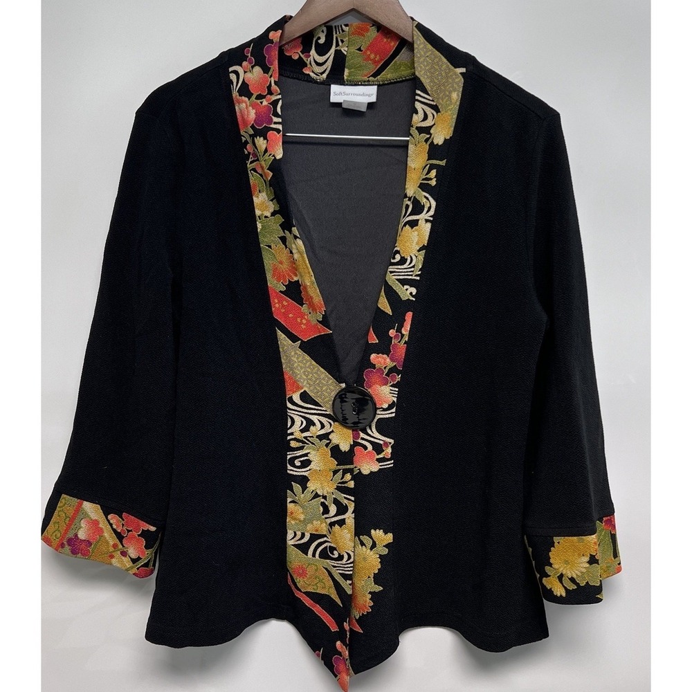 Soft Surroundings Kimono Floral Blazer Womens Medium Black With Asian Art Trim